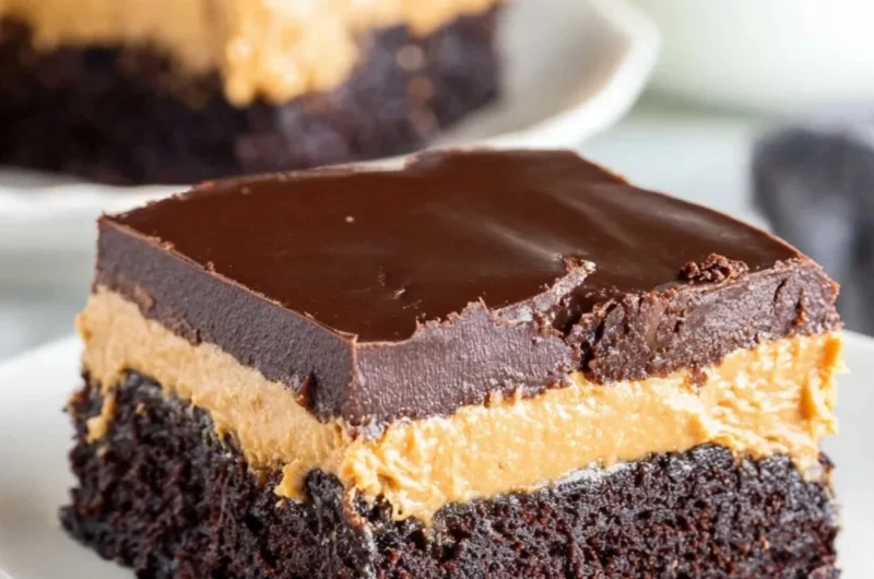Delicious layered peanut butter brownies topped with chocolate ganache
