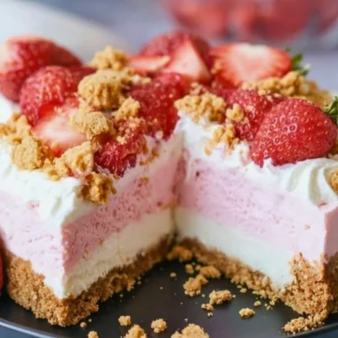Delicious no-bake strawberry crunch cheesecake with a crumbly topping.