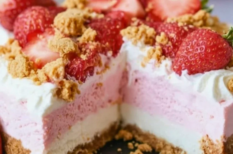 Delicious no-bake strawberry crunch cheesecake with a crumbly topping.