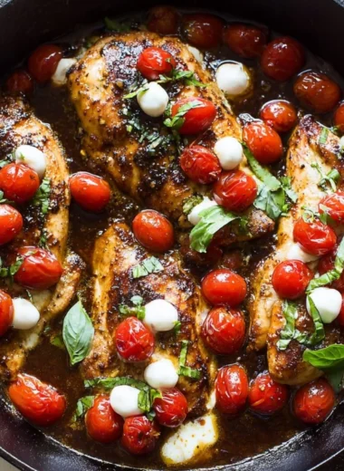 One-Pan Juicy Chicken cooked in balsamic sauce served on a plate