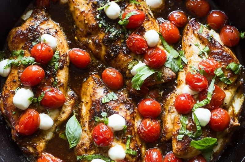 One-Pan Juicy Chicken cooked in balsamic sauce served on a plate