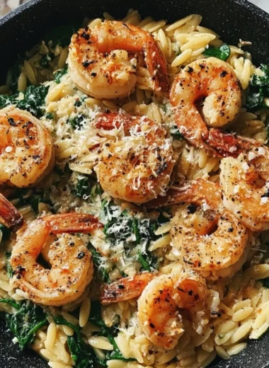 Delicious one pan Parmesan Orzo with shrimp ready to serve.