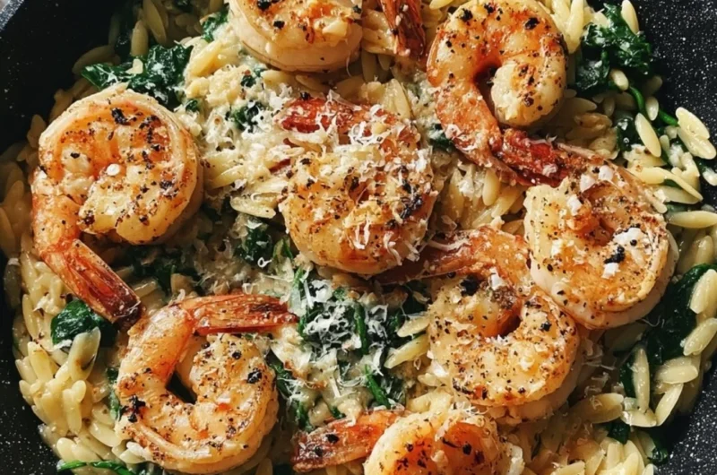 Delicious one pan Parmesan Orzo with shrimp ready to serve.