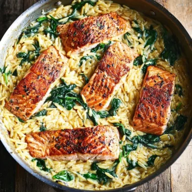 One Skillet Salmon with Lemon Orzo dish serving on a plate.