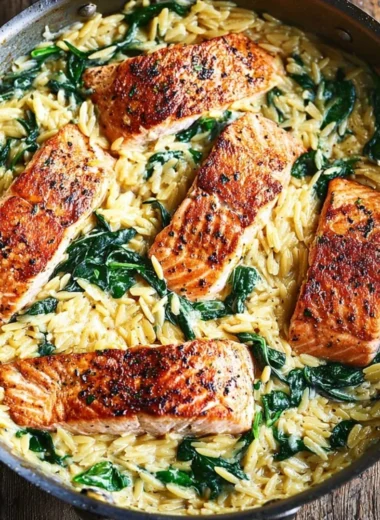 One Skillet Salmon with Lemon Orzo dish serving on a plate.