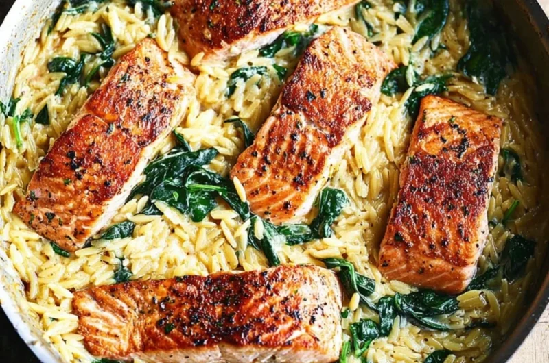 One Skillet Salmon with Lemon Orzo dish serving on a plate.