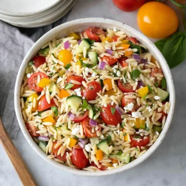 Colorful bowl of Orzo Salad with vegetables and herbs