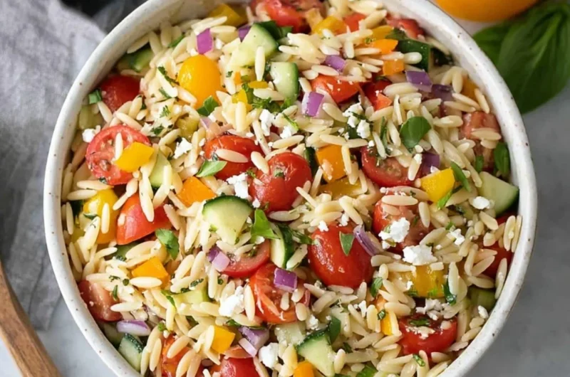 Colorful bowl of Orzo Salad with vegetables and herbs