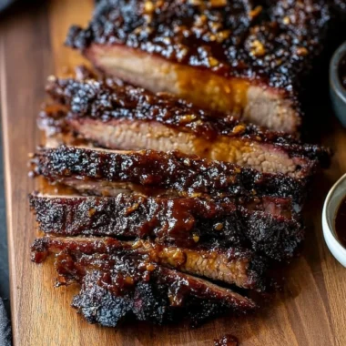 Delicious Oven-Baked BBQ Beef Brisket served on a plate with BBQ sauce