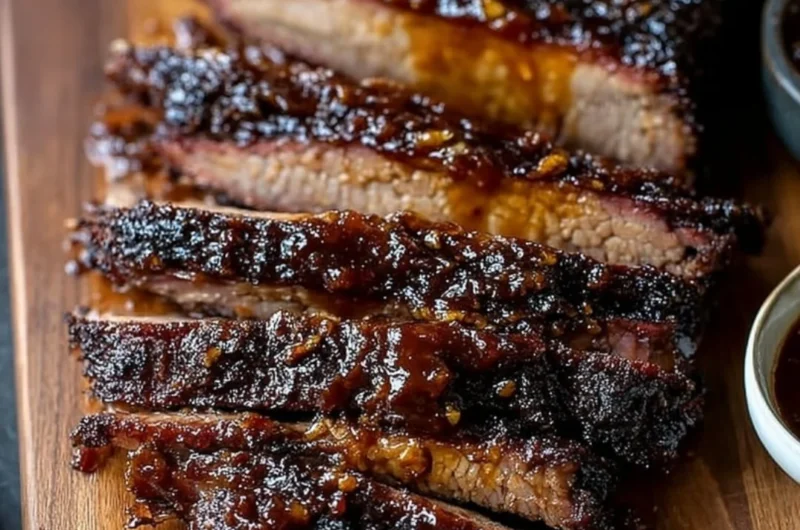 Delicious Oven-Baked BBQ Beef Brisket served on a plate with BBQ sauce