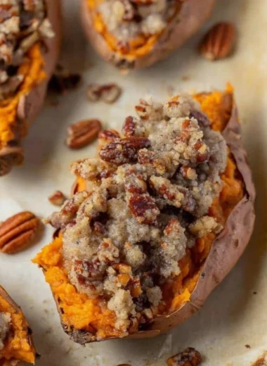 Pecan Pie Twice Baked Sweet Potatoes garnished with nuts and caramel drizzle.