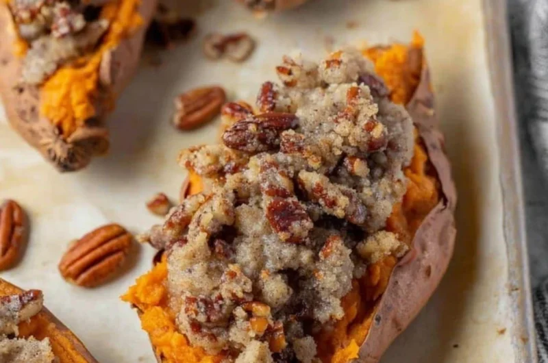 Pecan Pie Twice Baked Sweet Potatoes garnished with nuts and caramel drizzle.
