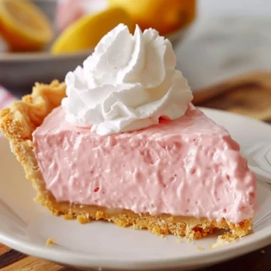 Slice of pink lemonade pie on a plate with lemon slices and mint garnish