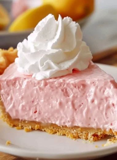 Slice of pink lemonade pie on a plate with lemon slices and mint garnish