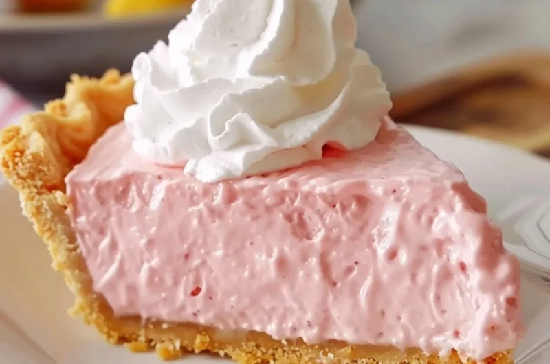 Slice of pink lemonade pie on a plate with lemon slices and mint garnish