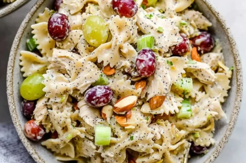 Delicious Poppyseed Chicken Pasta Salad served in a bowl with fresh ingredients