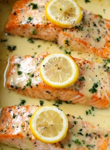Delicious salmon fillet topped with creamy lemon sauce on a plate