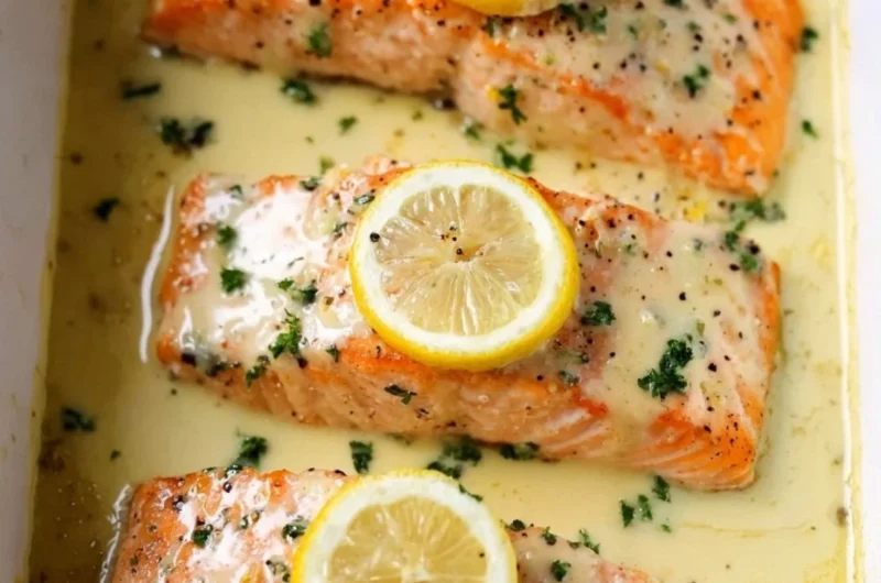 Delicious salmon fillet topped with creamy lemon sauce on a plate
