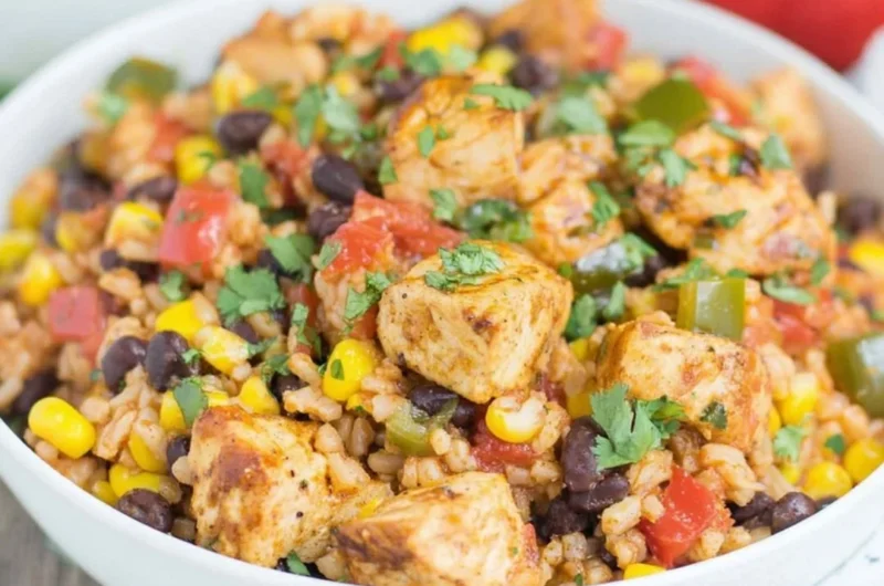 Delicious Southwest chicken and rice bowl topped with fresh garnishes