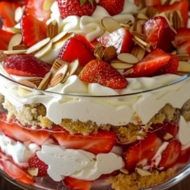 Delicious strawberry cheesecake trifle with layers of fresh strawberries and creamy cheesecake.