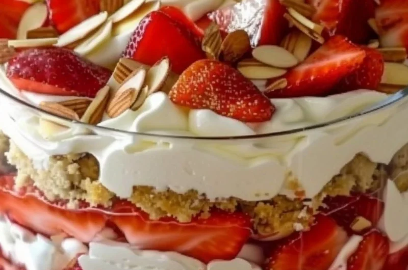 Delicious strawberry cheesecake trifle with layers of fresh strawberries and creamy cheesecake.