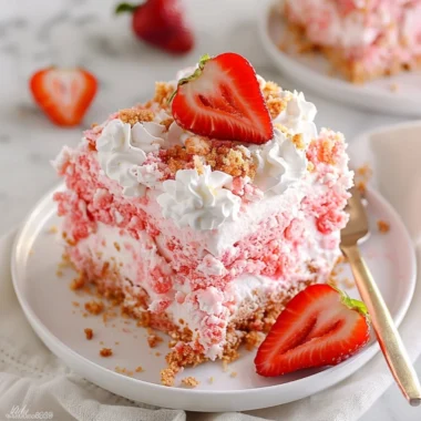 Delicious strawberry crunch poke cake topped with crunchy strawberry crumbs.