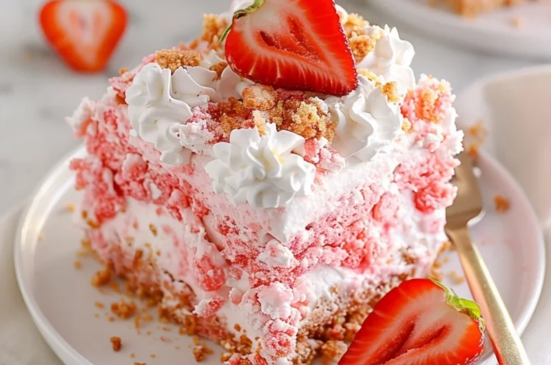 Delicious strawberry crunch poke cake topped with crunchy strawberry crumbs.