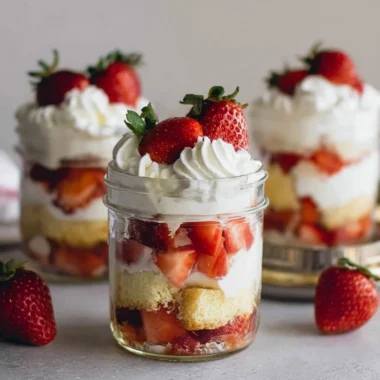 Strawberry shortcake trifles layered with strawberries and cream in a glass