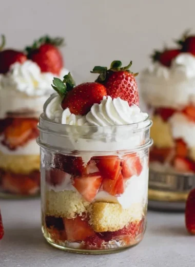 Strawberry shortcake trifles layered with strawberries and cream in a glass