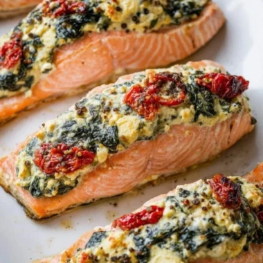 Stuffed salmon fillet with spinach and feta cheese on a plate