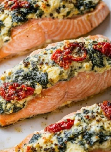 Stuffed salmon fillet with spinach and feta cheese on a plate