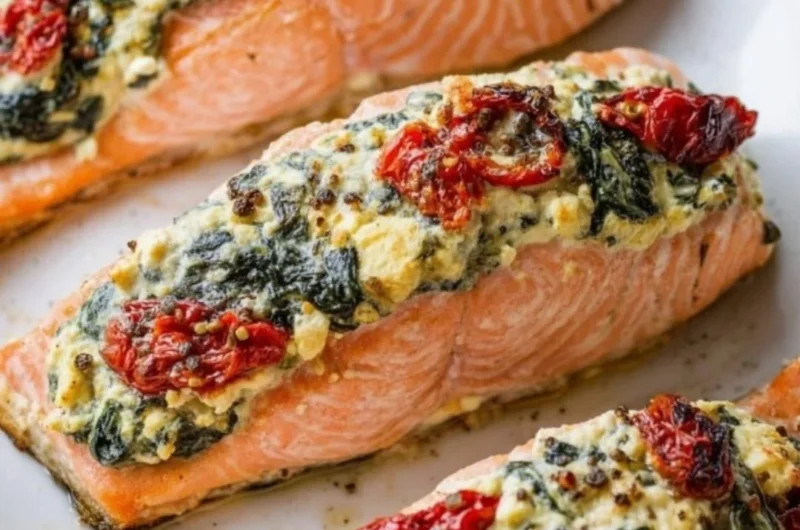 Stuffed salmon fillet with spinach and feta cheese on a plate