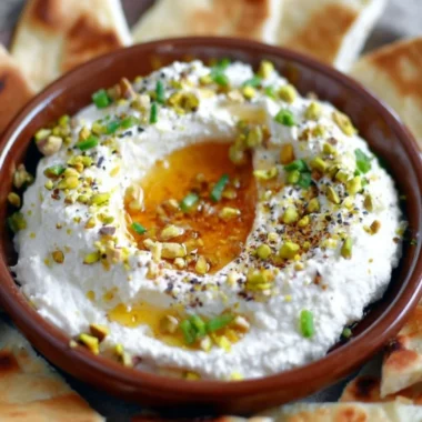 Delicious whipped feta served with a honey dip on a stylish plate.