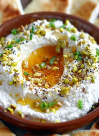 Delicious whipped feta served with a honey dip on a stylish plate.