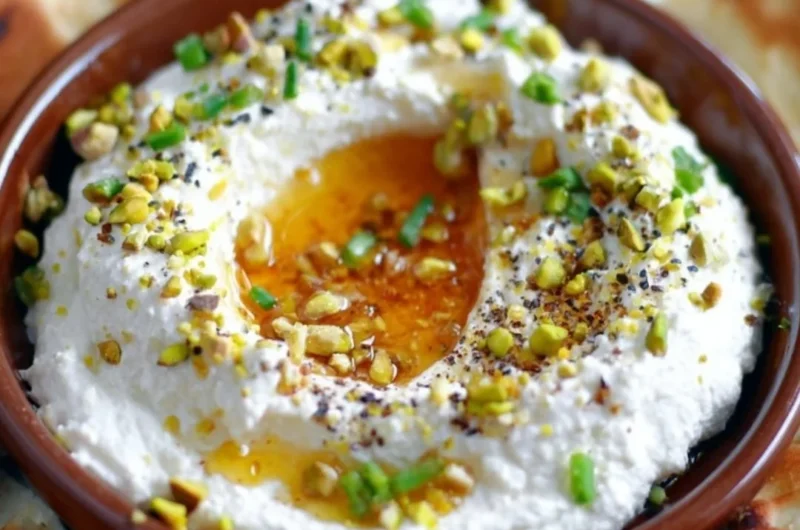 Delicious whipped feta served with a honey dip on a stylish plate.