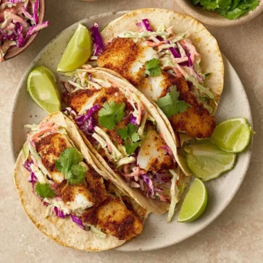 Crispy Air Fryer fish tacos with cilantro lime slaw served on a plate