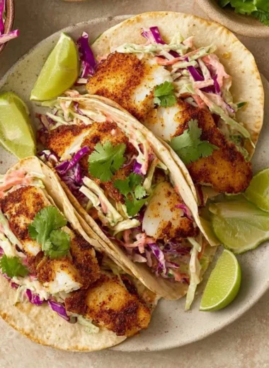 Crispy Air Fryer fish tacos with cilantro lime slaw served on a plate