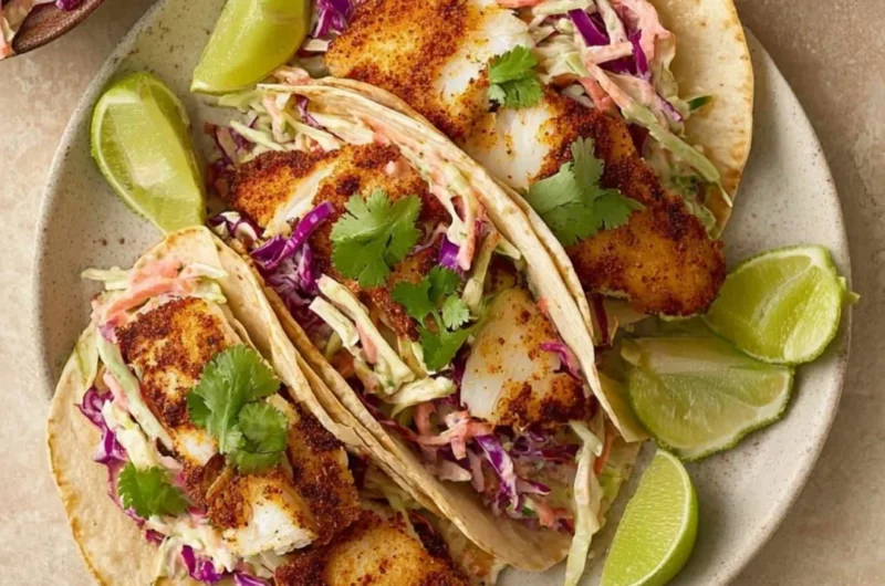 Crispy Air Fryer fish tacos with cilantro lime slaw served on a plate