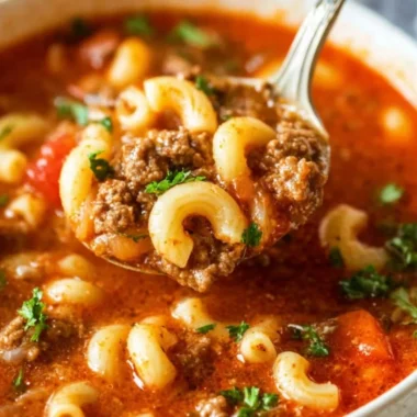 Bowl of hearty Beef and Macaroni Soup with vegetables and herbs.