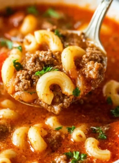Bowl of hearty Beef and Macaroni Soup with vegetables and herbs.