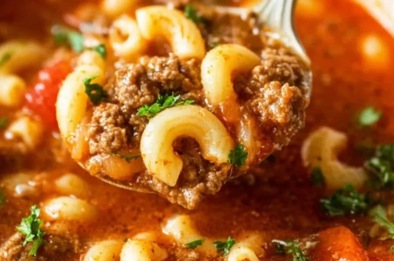 Bowl of hearty Beef and Macaroni Soup with vegetables and herbs.