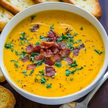 Bowl of best creamy carrot soup garnished with herbs and cream