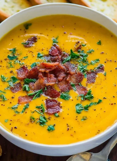 Bowl of best creamy carrot soup garnished with herbs and cream