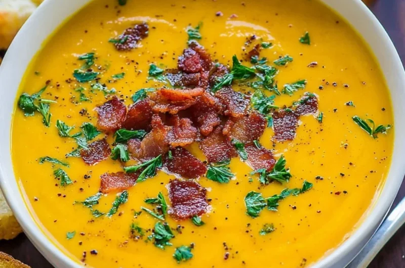 Bowl of best creamy carrot soup garnished with herbs and cream