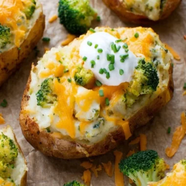 Broccoli and cheddar twice-baked potatoes on a rustic wooden table.