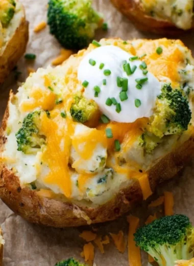 Broccoli and cheddar twice-baked potatoes on a rustic wooden table.