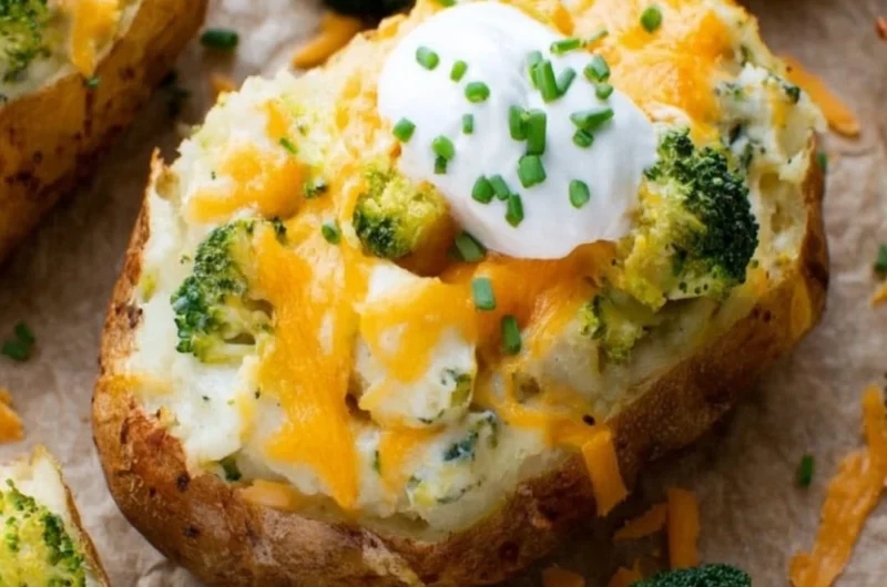 Broccoli and cheddar twice-baked potatoes on a rustic wooden table.