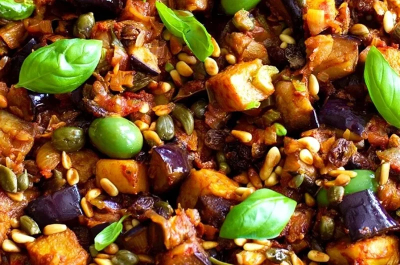 Plate of traditional Sicilian Caponata with eggplant, tomatoes, and olives