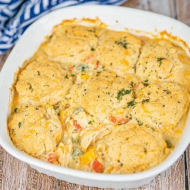 Delicious Cheddar Bay Chicken Pot Pie Casserole served in a baking dish.