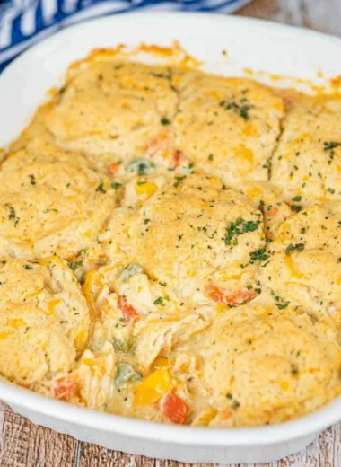 Delicious Cheddar Bay Chicken Pot Pie Casserole served in a baking dish.